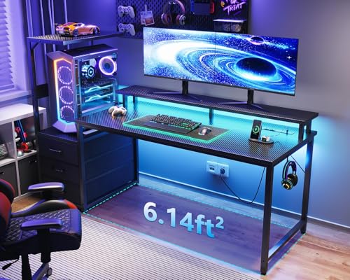 Gaming Desk with USB Charging Ports and LED Light T9380