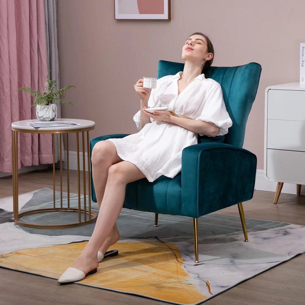 Velvet Accent Chair Set of 2 with Lumbar Pillow, High Back, Metal Legs N73734