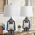 Set of 2 Farmhouse Table Lamps, 3-Way Dimmable Touch Nightstand Lamps with USB Port, Bedside Lamps for Bedrooms Living Room Reading End Table with Night Light Miner Lantern, Led Bulbs Included, White