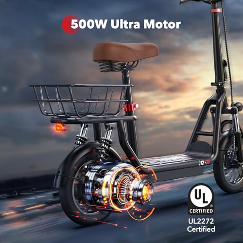 Electric Scooter with Seat, Long Range, Adjustable Handlebar, Dual Suspension J439