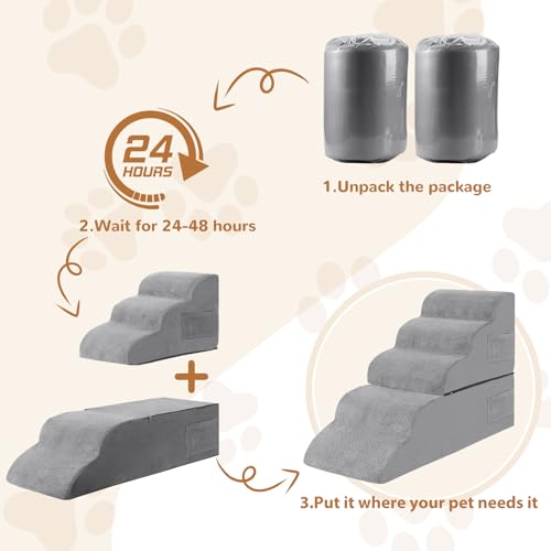 Dog Stairs for High Beds, 5-Step Foam Ramp for Small Dogs, Non-Slip, Removable Cover, Grey Z8494