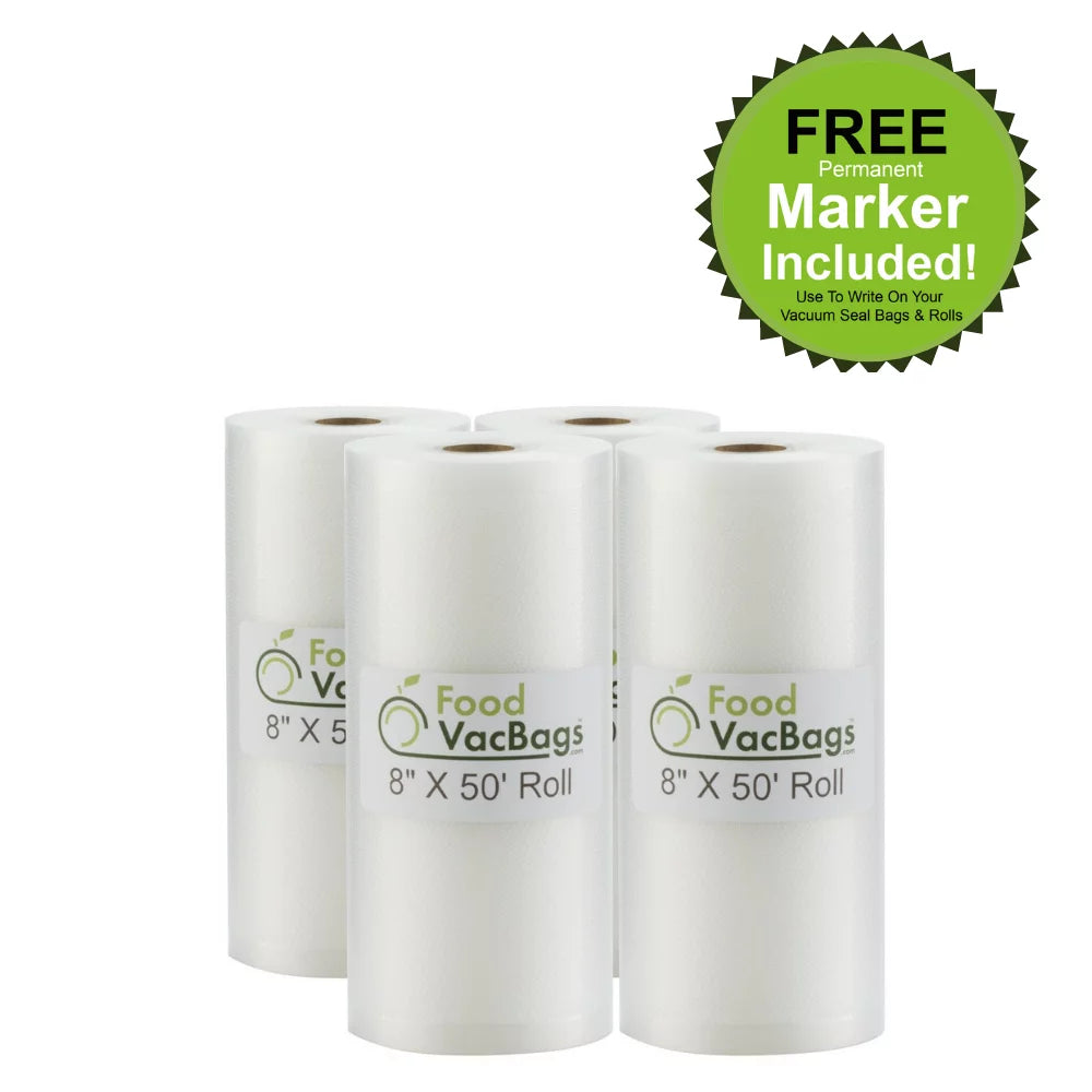 FoodVacBags 8" x 50' Vacuum Sealer Bags (4 Count) - Commercial Grade, BPA-Free, Ideal for Food Preservation and Sous Vide, Foodsaver Compatible Freezer Storage Rolls