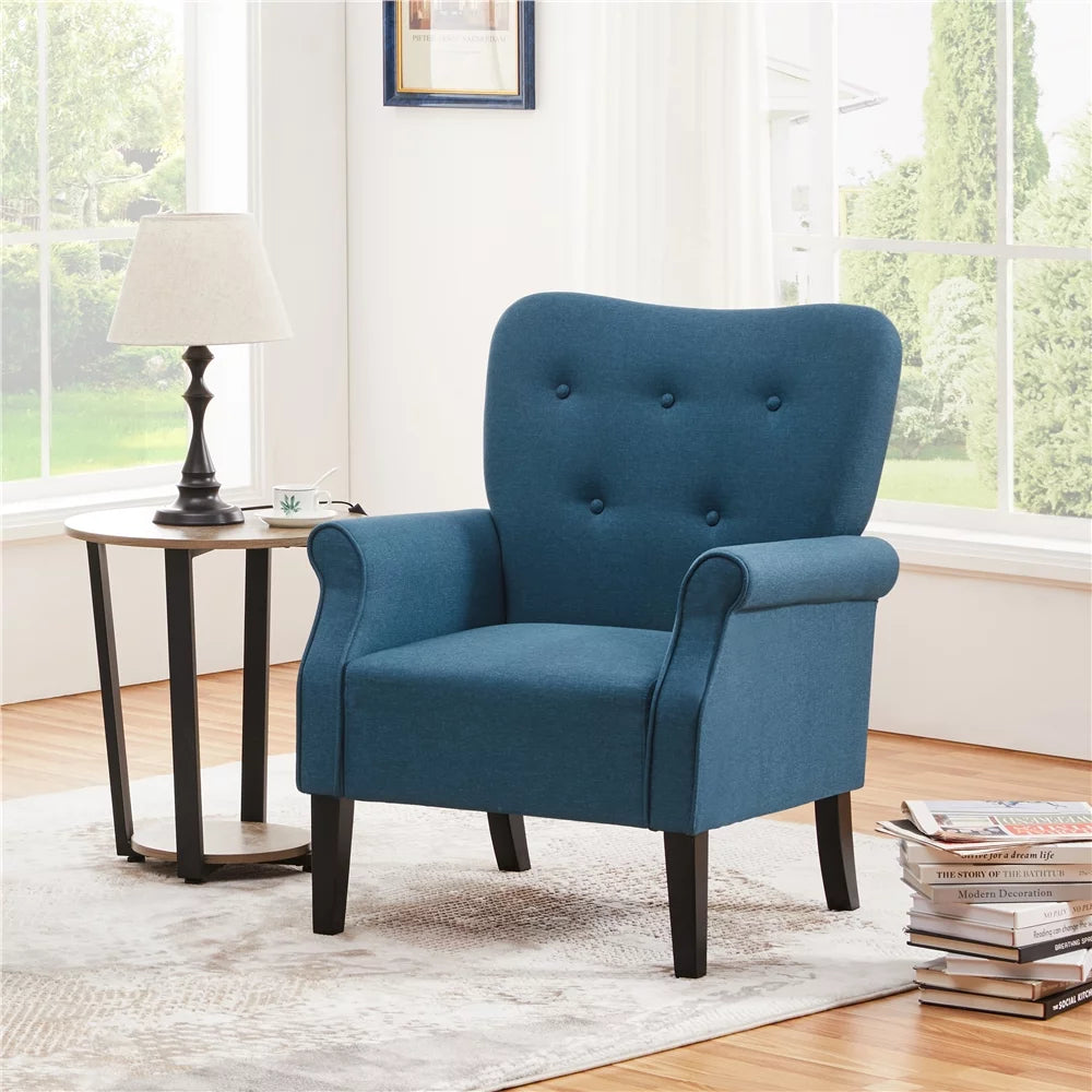 Navy Blue Upholstered Accent Chair with Wooden Legs J54515
