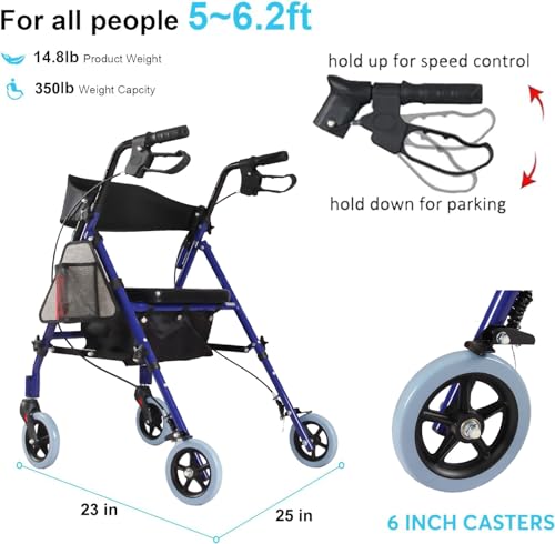 Rollator Walker with Seat, 6-Inch Wheels, 350 lbs Capacity, Blue M399210
