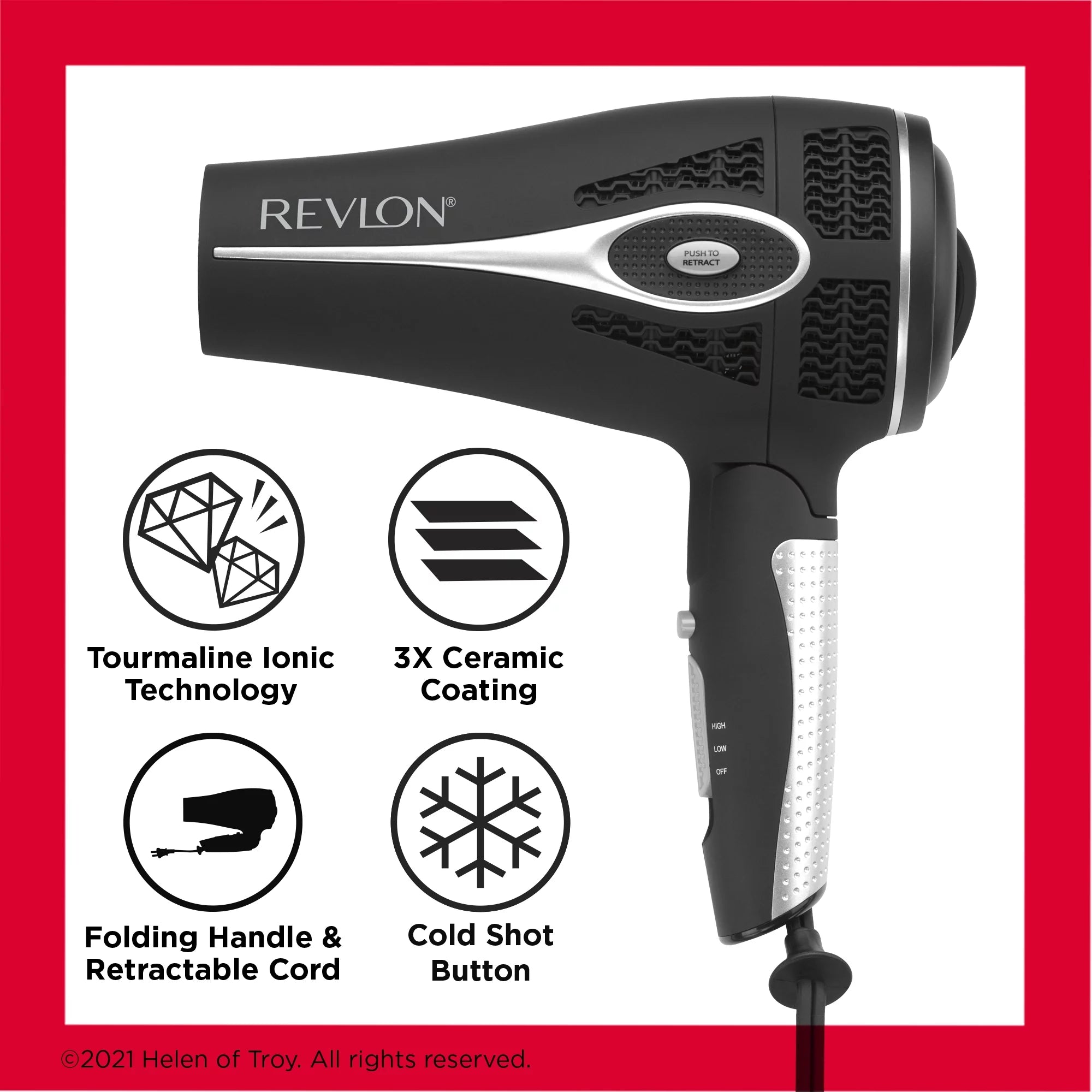 Ceramic Hair Dryer with Retractable Cord, Black S5007