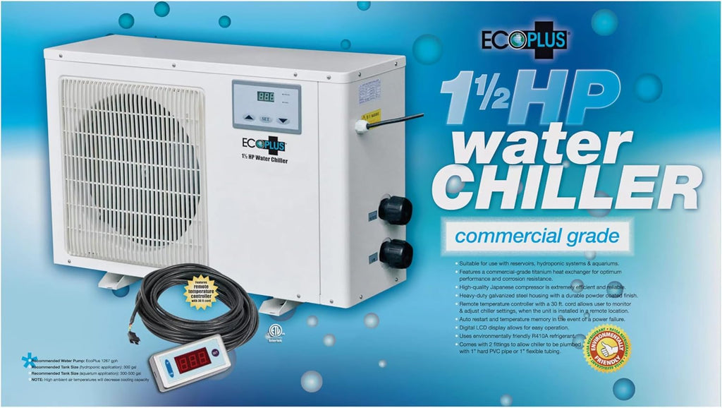 EcoPlus Commercial Grade Water Chiller, Cooler for Reservoirs, Hydroponics, and Aquariums, 1 ½ HP