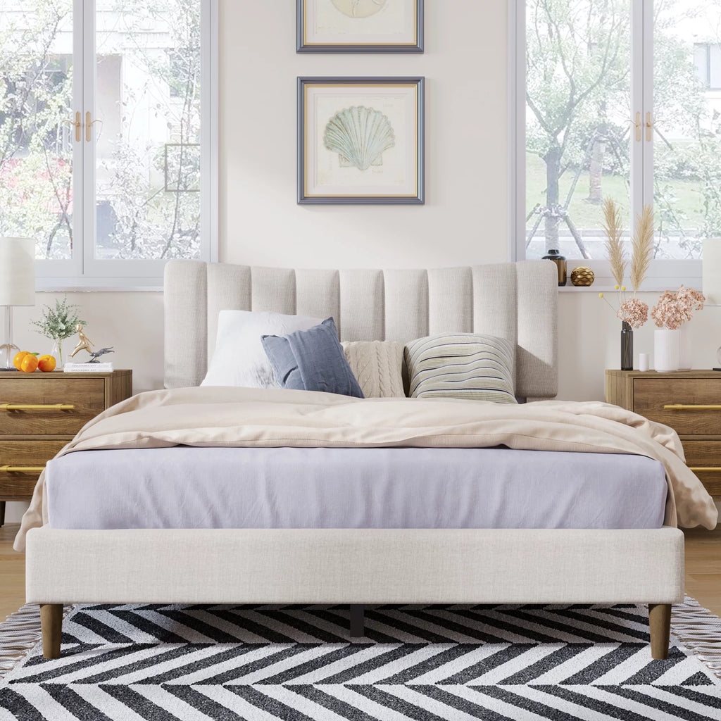Paproos Bed Frame Queen, New Upgraded Upholstered Platform Bed with Vertical Channel Tufted Headboard, Solid Wood Legs, No Box Spring Needed, Heavy Duty Queen Size Bed Frame for Teens Adults, Cream