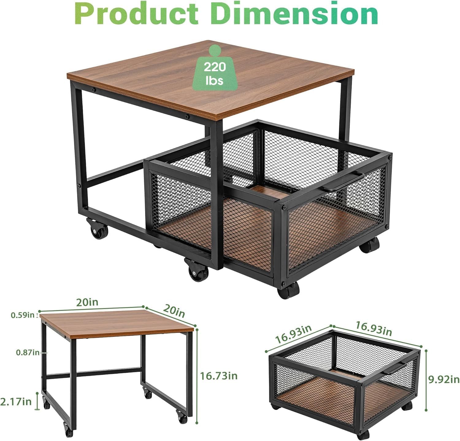 Mini Fridge Stand with Rolling Cart, Lockable Wheels and Metal Basket Drawers S30483