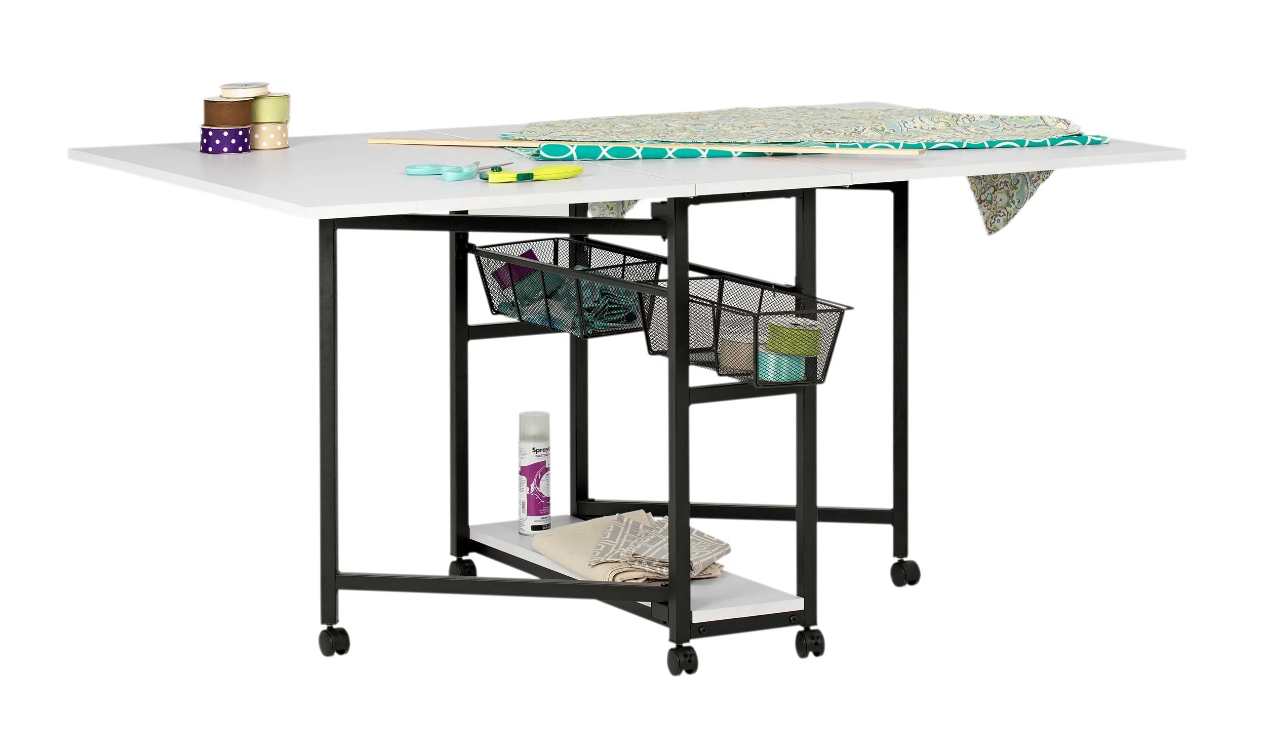 Sew Ready Mobile Fabric Cutting Table with Storage 30" H in Charcoal/White