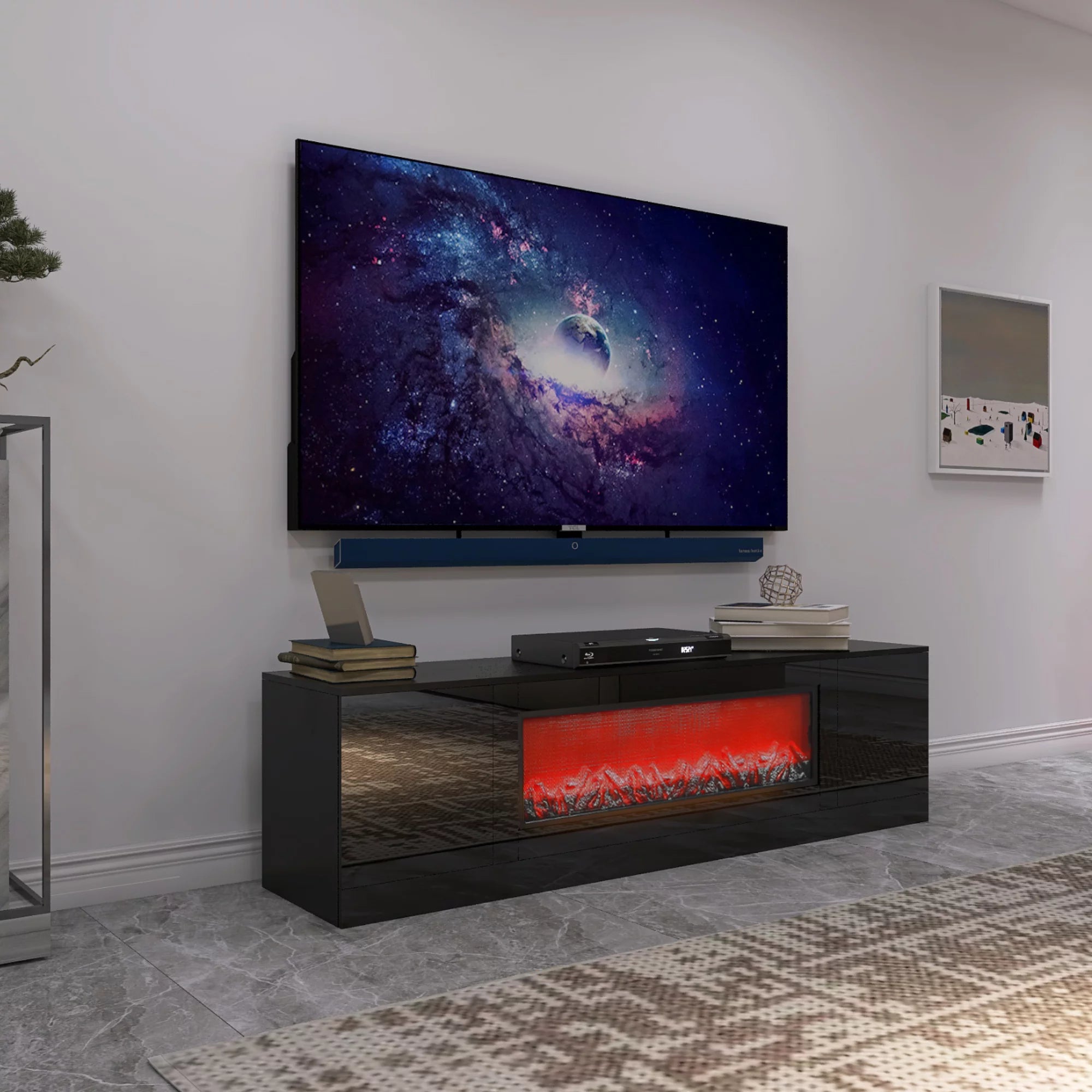 Electric Fireplace TV Stand with Wood Texture, High Glossy Finish Y488