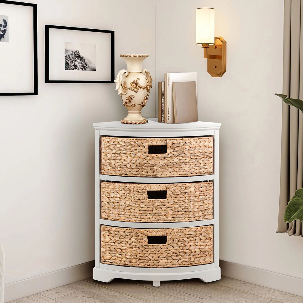 Hampton Meadows 3 Tier X-Side Corner Table Storage Cabinet with 3 Natural Water Hyacinth Wicker Baskets for Living Room, White