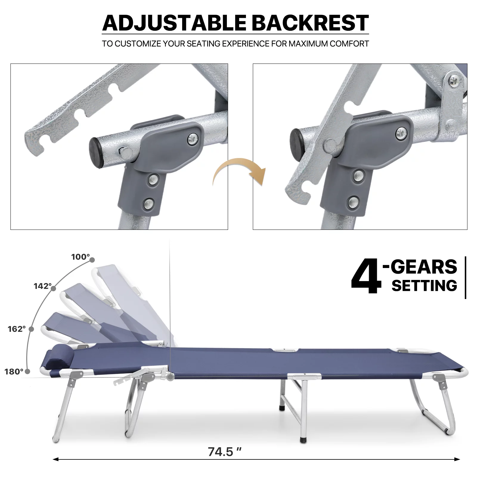 Portable Folding Bed Reclining Lounger Camping Cot with Pillow and Carry Bag I549492
