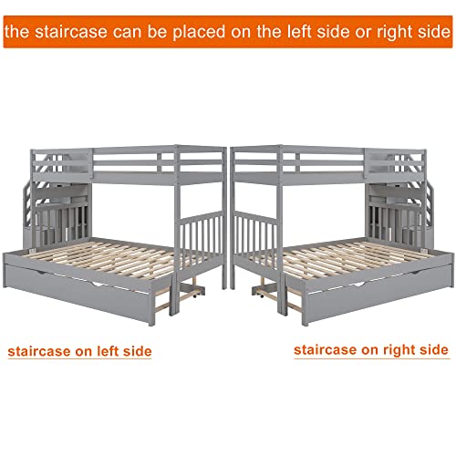 Twin Over Twin/Full Bunk Bed with Trundle and Drawers, Solid Wood Staircase, White C353971
