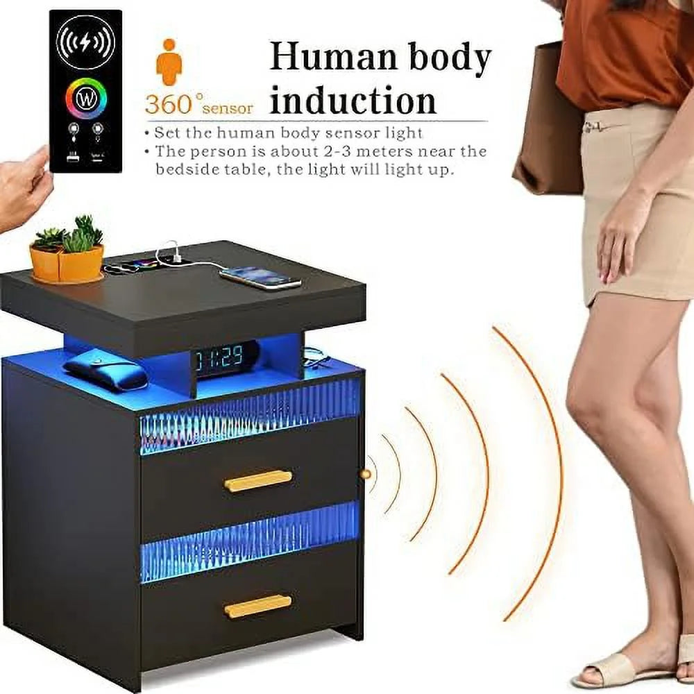 Nightstands Set of 2 with Charging Station and LED Lights W775045