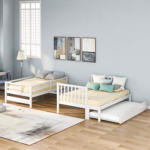 Twin Over Twin/Full Bunk Bed with Trundle and Drawers, Solid Wood Staircase, White C353971