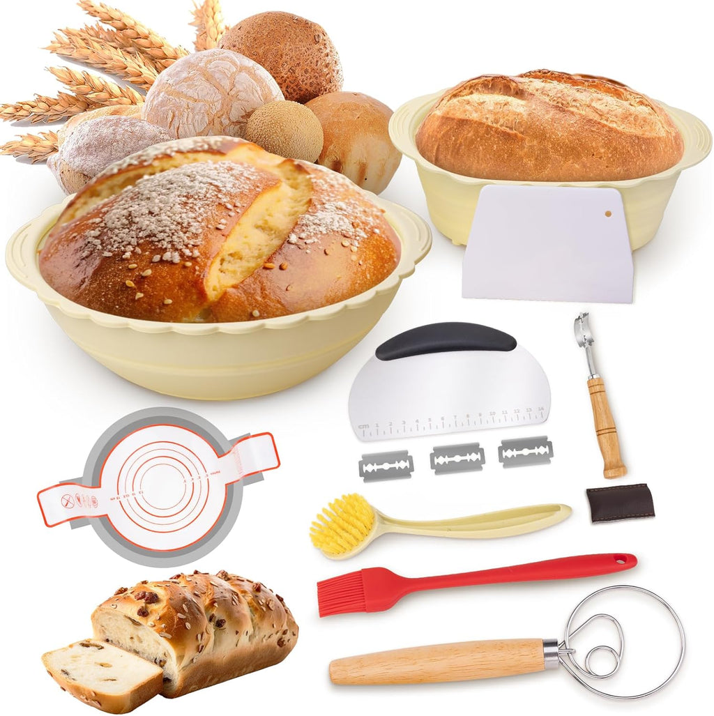 Sourdough Bread Baking Supplies Basket: Banneton Bread Proofing Basket Sourdough Starter Kit Set of 2 - Round 9" & Oval 10" Sourdough Proofing Basket Bread Making Tool Supplies Accessories Gift Set