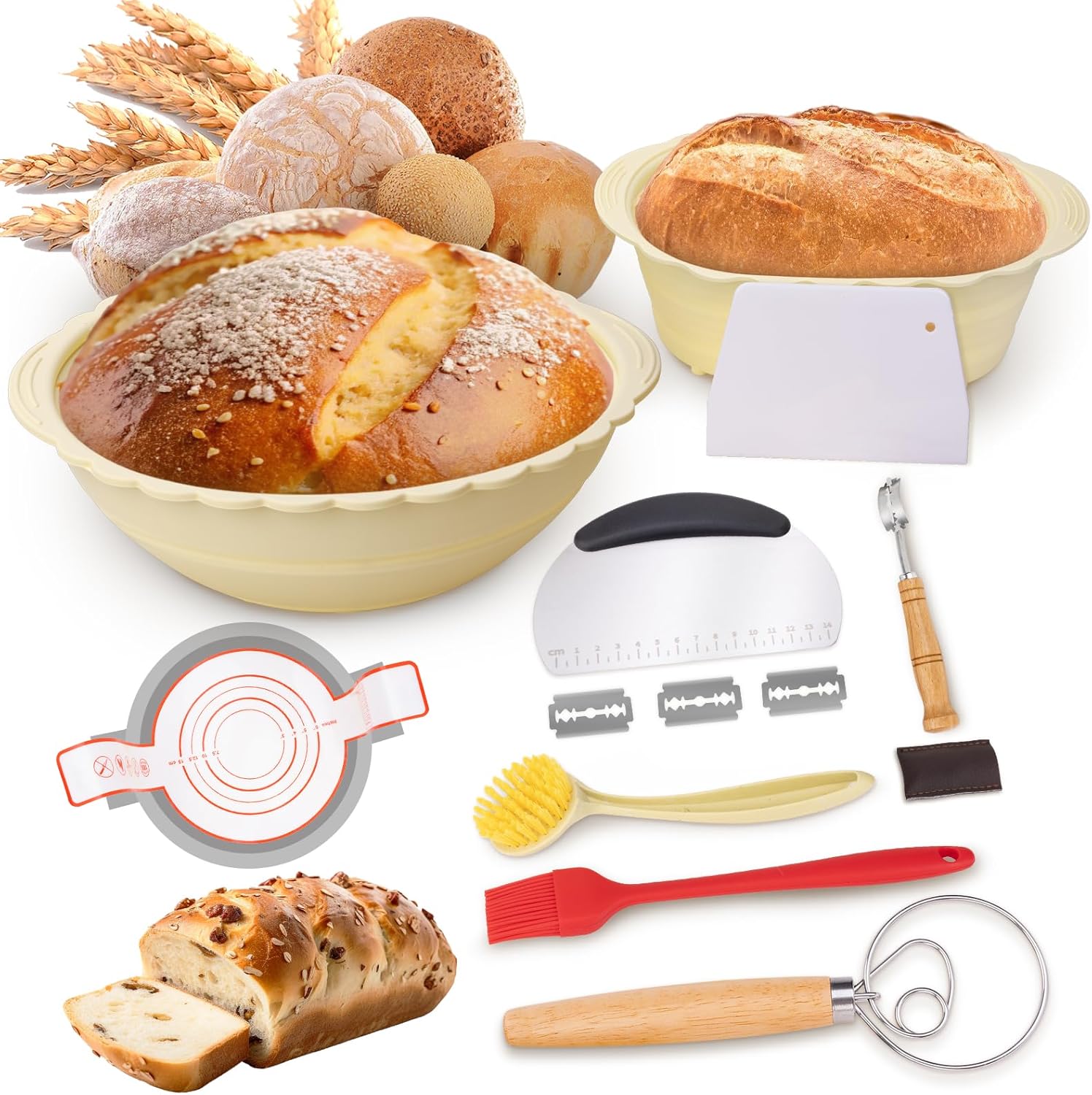 Sourdough Bread Baking Supplies Basket: Banneton Bread Proofing Basket Sourdough Starter Kit Set of 2 - Round 9" & Oval 10" Sourdough Proofing Basket Bread Making Tool Supplies Accessories Gift Set