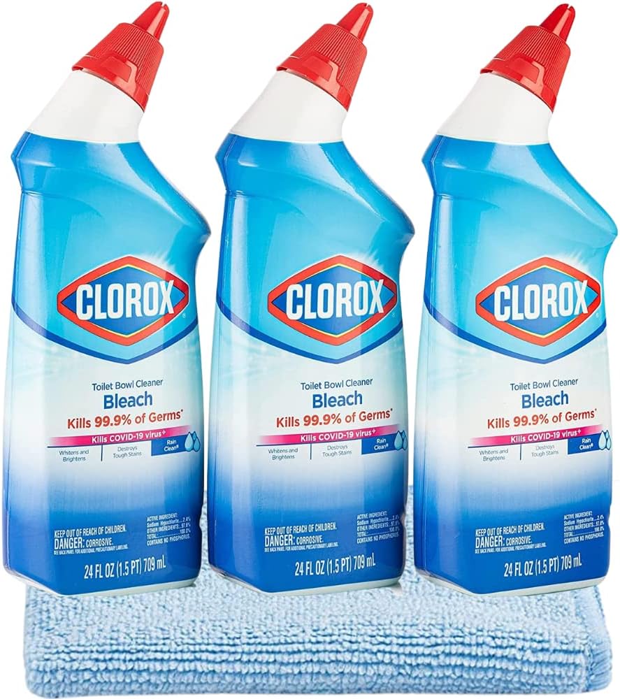 3 Clorox Toilet Bowl Cleaner with Bleach , Rain Clean 24 oz , - BONUS Microfiber Cleaning Cloth