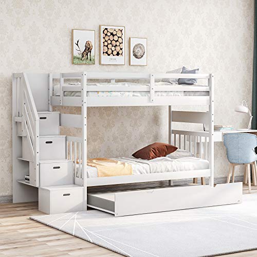 Twin Over Twin/Full Bunk Bed with Trundle and Drawers, Solid Wood Staircase, White C353971