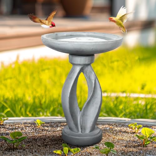 Wood-Look Concrete Bird Bath with Decorative Faux Bird A9133