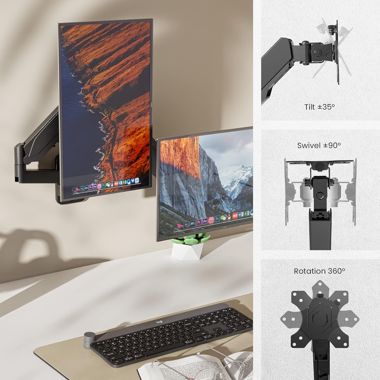 Dual Monitor Wall Mount, Gas Spring Arm for 17-32 Inch Screens, Full Motion Adjustable, Black R694178
