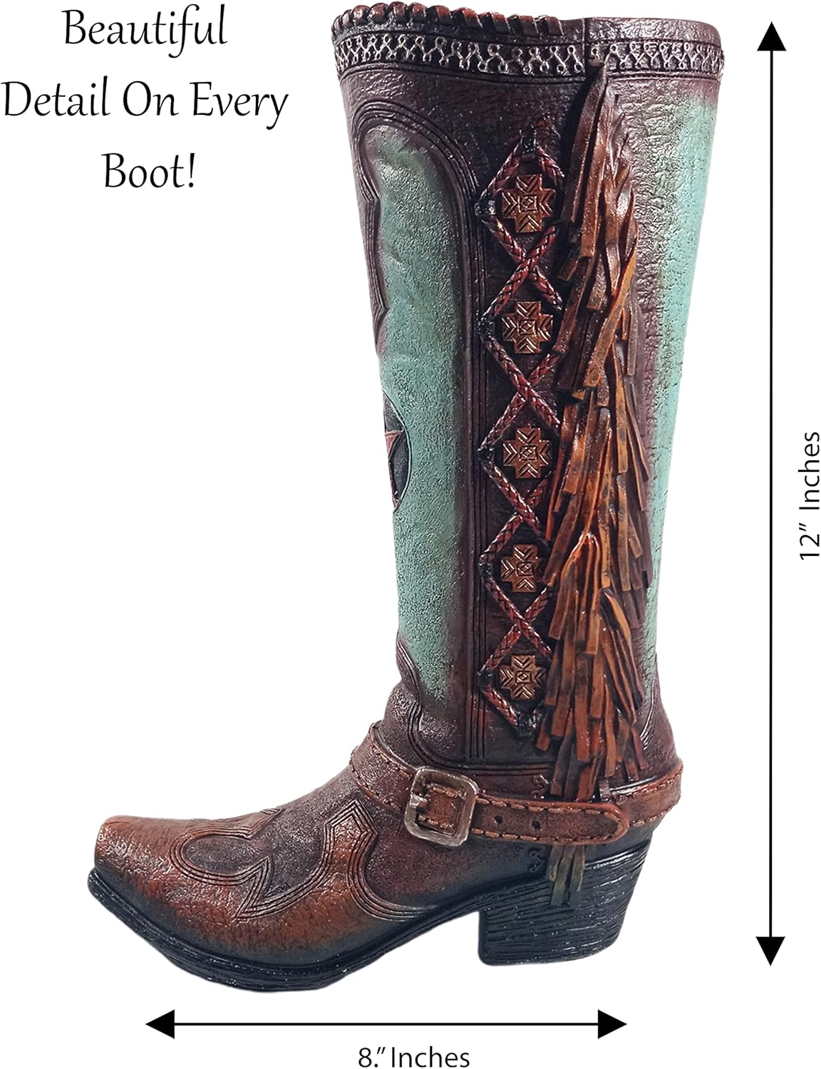 Teal Brown Cowboy Boot Flower Vase 12 Inch U157