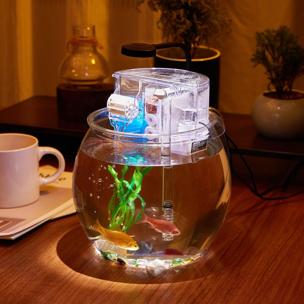 1 Gallon Small Fish Tank Break-Resistant Plastic Round Bowl with Filter and Light N865308