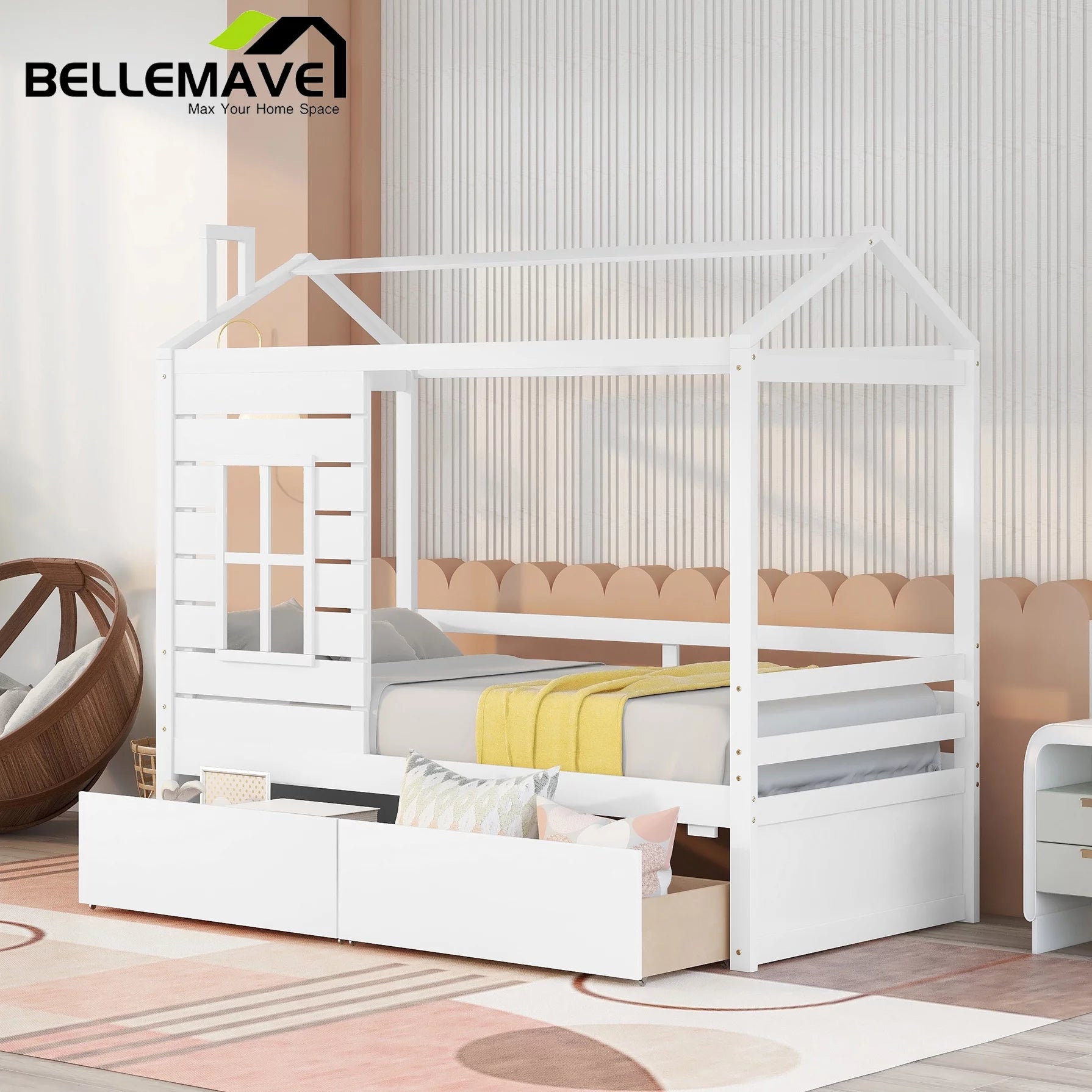 Twin Size House Bed with Drawers and Guard Rails Q40260