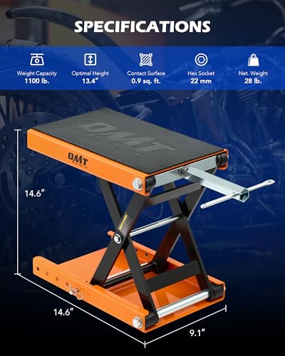 Motorcycle Scissor Lift Jack, 1100 lb Capacity, Wide Deck with T Handle, for ATV Dirt Bike Cruiser V607