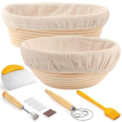 Banneton Bread Proofing Basket, Onbqurg 9 Inch Round & 10 Inch Oval Sourdough Proofing Basket with Linen Liner, Bread Lame, Dough Whisk, Dough Scraper, and Silicone Basting Brush