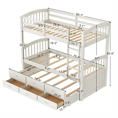 Twin Over Twin Bunk Bed with Storage Drawers and Trundle, Solid Wood Frame F2716
