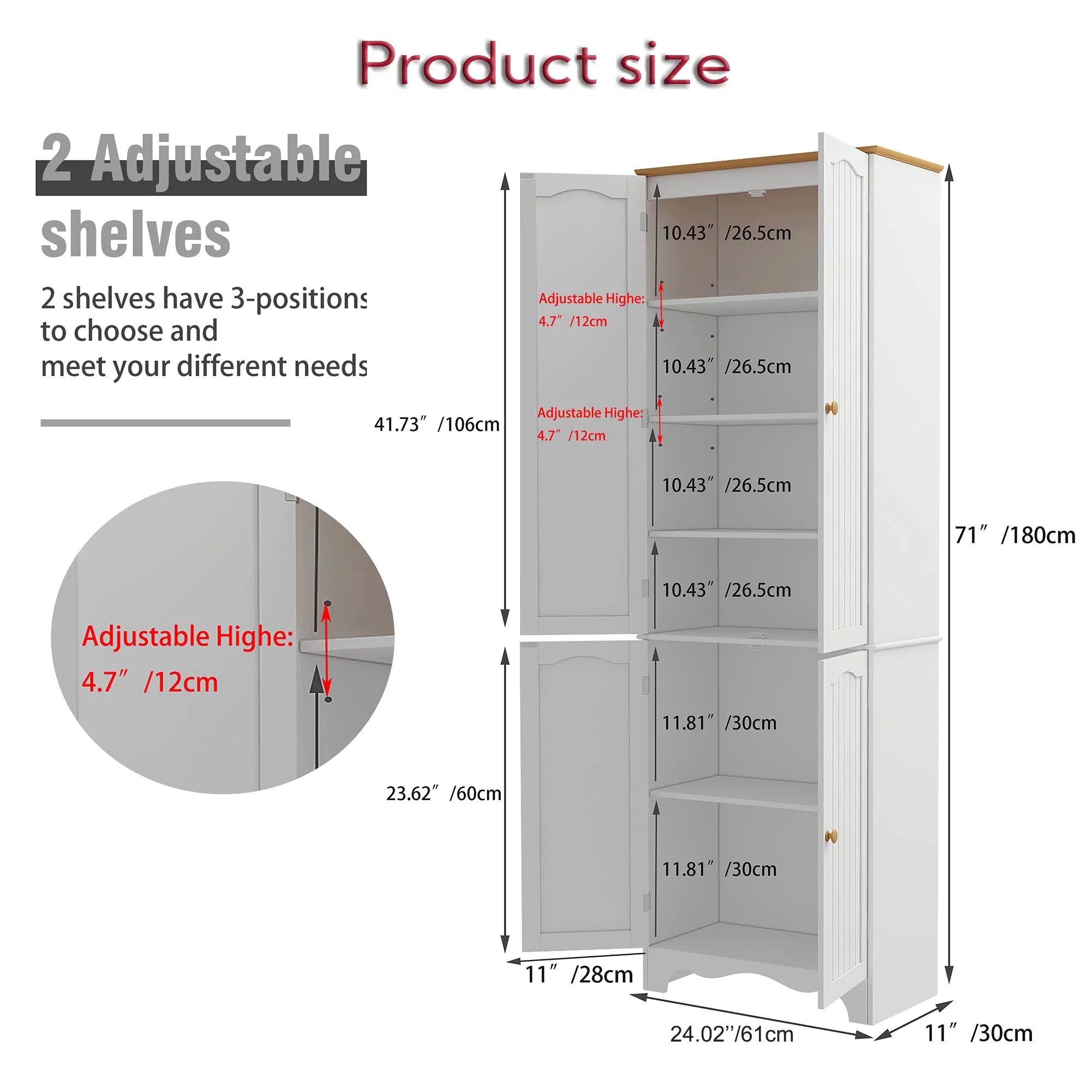 72" Tall Kitchen Pantry Cabinet with 4 Doors and 2 Adjustable Shelves, White and Honey X688073