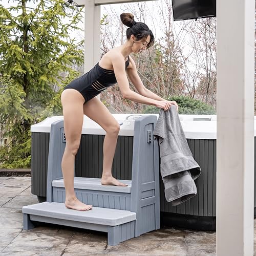 Hot Tub Storage Steps with Handrails, 2-Step Stool, Waterproof, Gray K51984