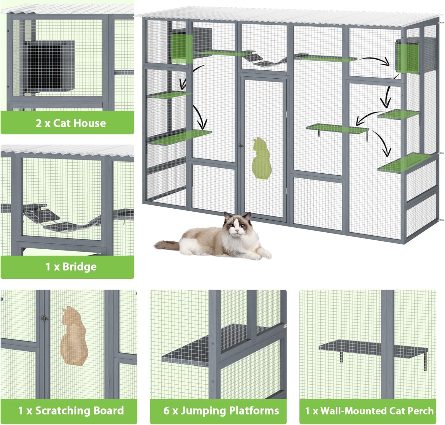 Outdoor Cat Enclosure with Window Access, Wooden Catio with Weather Protection Roof Q639