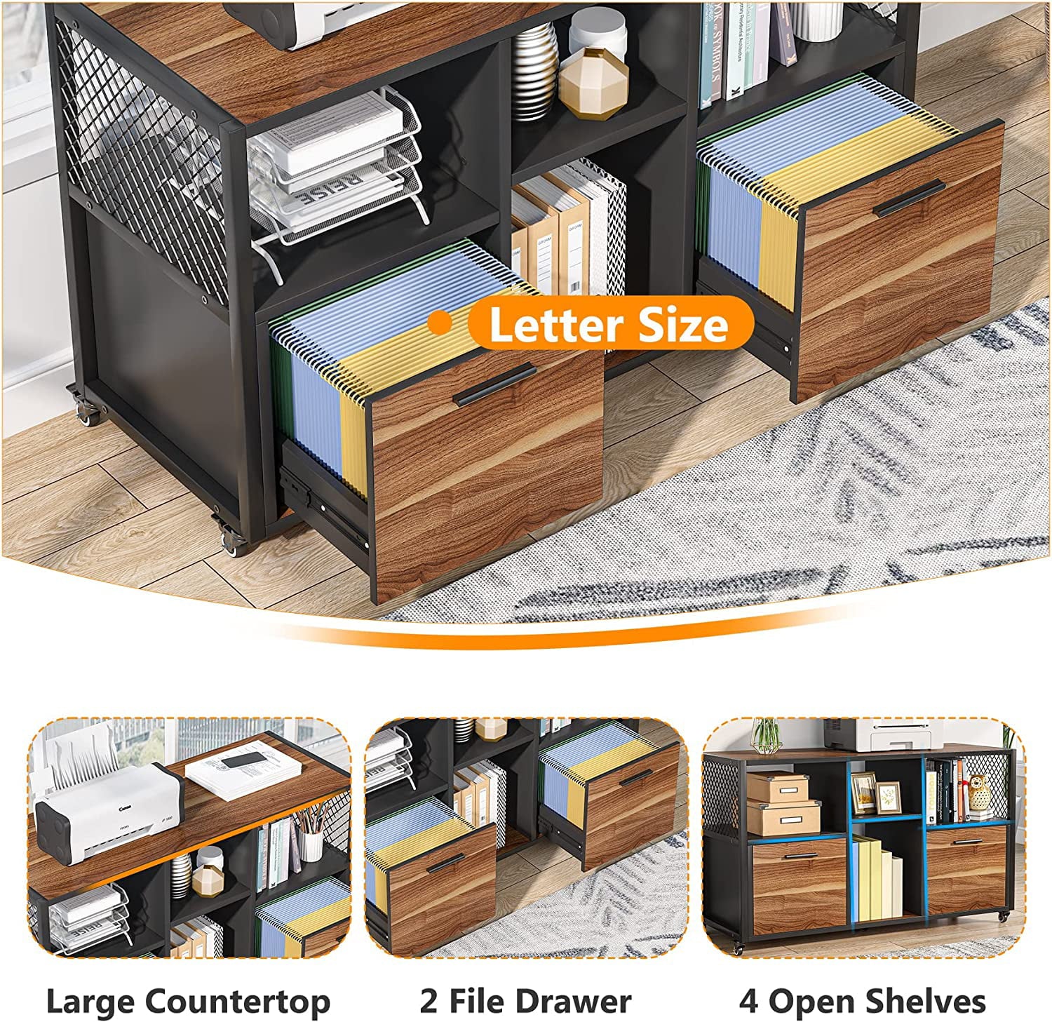 2 Drawer Wood File Cabinet, Mobile Lateral Filing, Rustic Brown D380