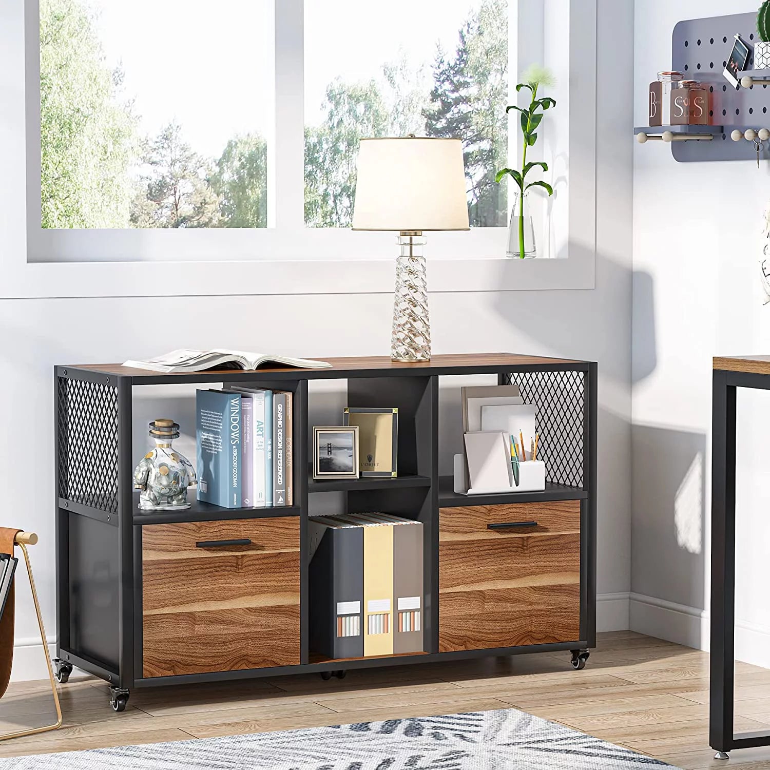 2 Drawer Wood File Cabinet, Mobile Lateral Filing, Rustic Brown D380
