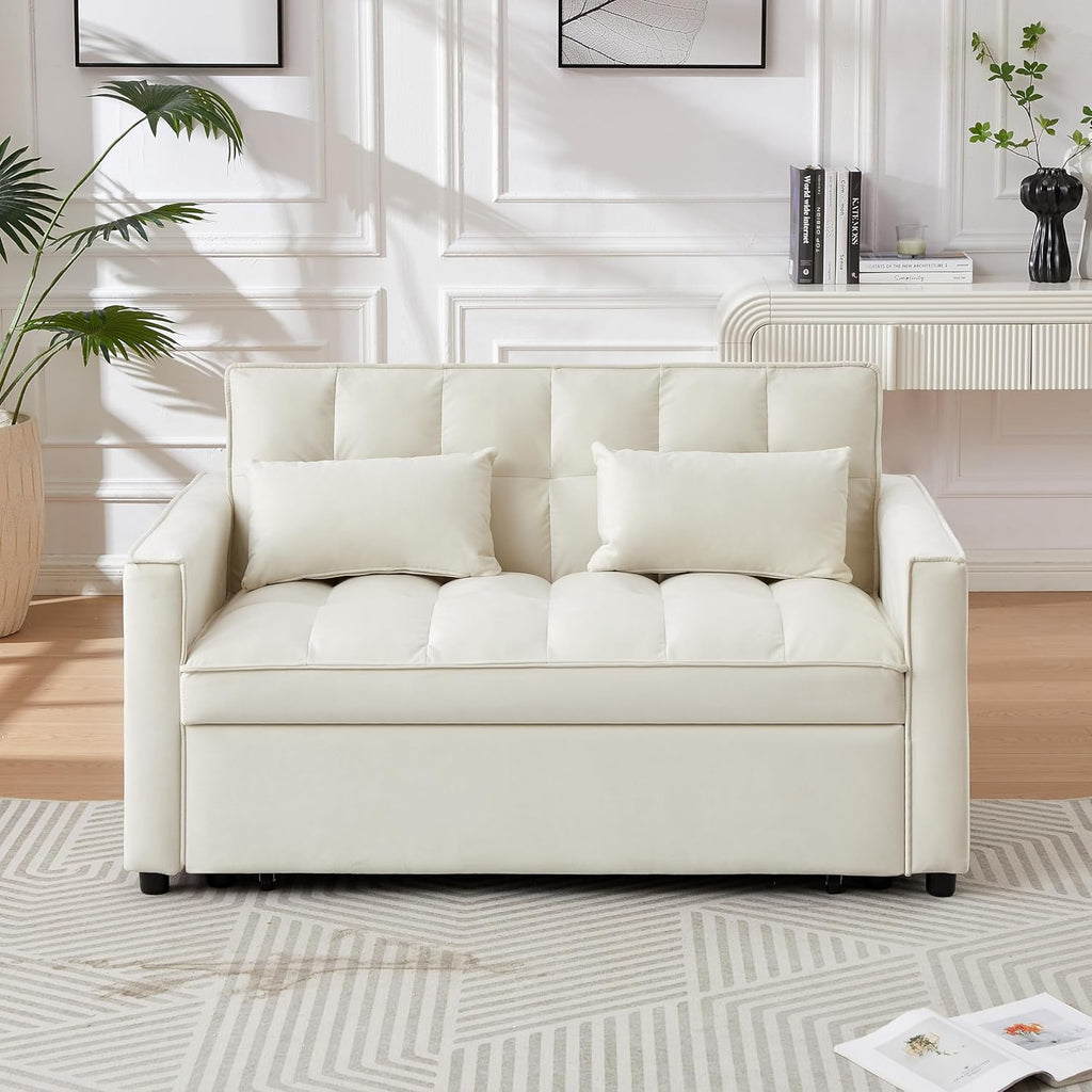 Convertible Loveseat Sleeper Sofa with Adjustable Backrest and Pull-Out Bed, Ivory W3374
