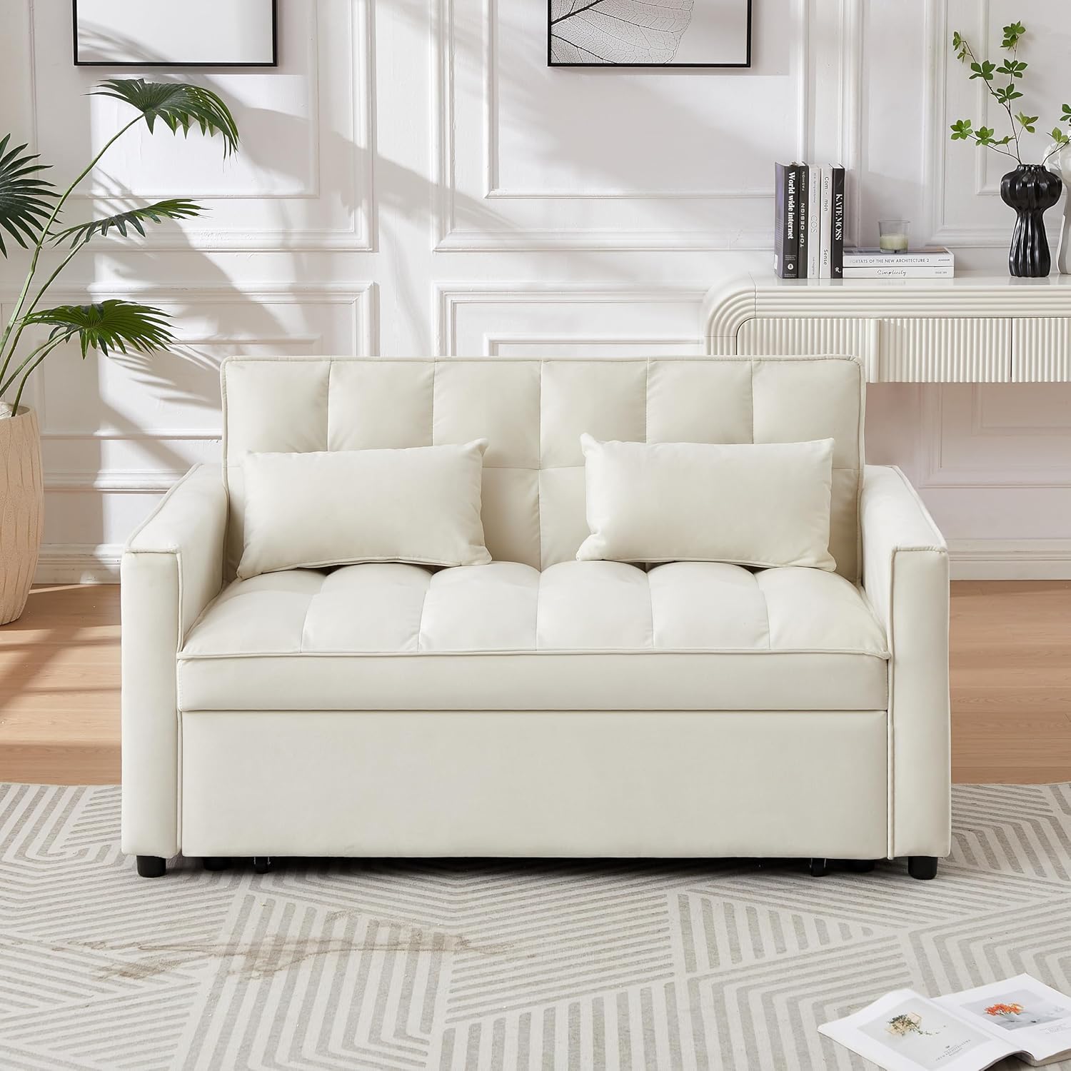 Convertible Loveseat Sleeper Sofa with Adjustable Backrest and Pull-Out Bed, Ivory W3374