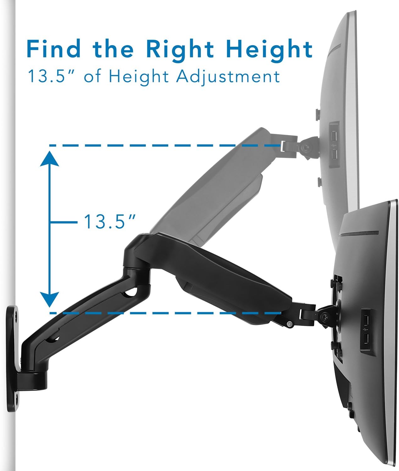 Monitor Wall Mount Arm, Full Motion Gas Spring, Fits 13-32 Inch Screens, VESA 75/100 D696208
