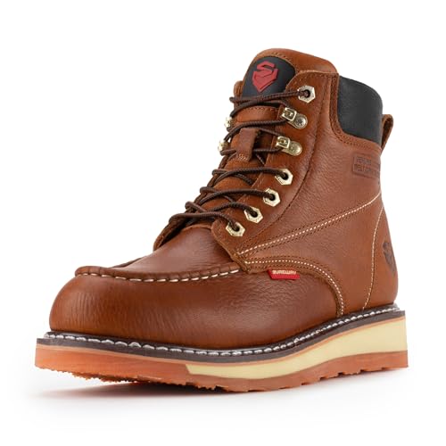 SUREWAY Mens Heavy Duty Soft/Composite/Steel Toe Work Boots for Men-Comfortable,Goodyear Welt,Full Grain Leather,6 in Wedge Moc Toe Construction Boots/Shoes