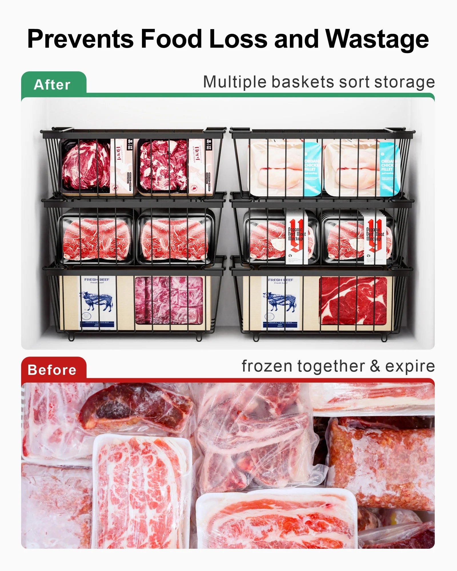Chest Freezer Baskets 5 Pack Wire Storage Baskets for 7 Cu.FT Deep Freezer Stackable Organizer Bins with Fold-down Handles Black H367505