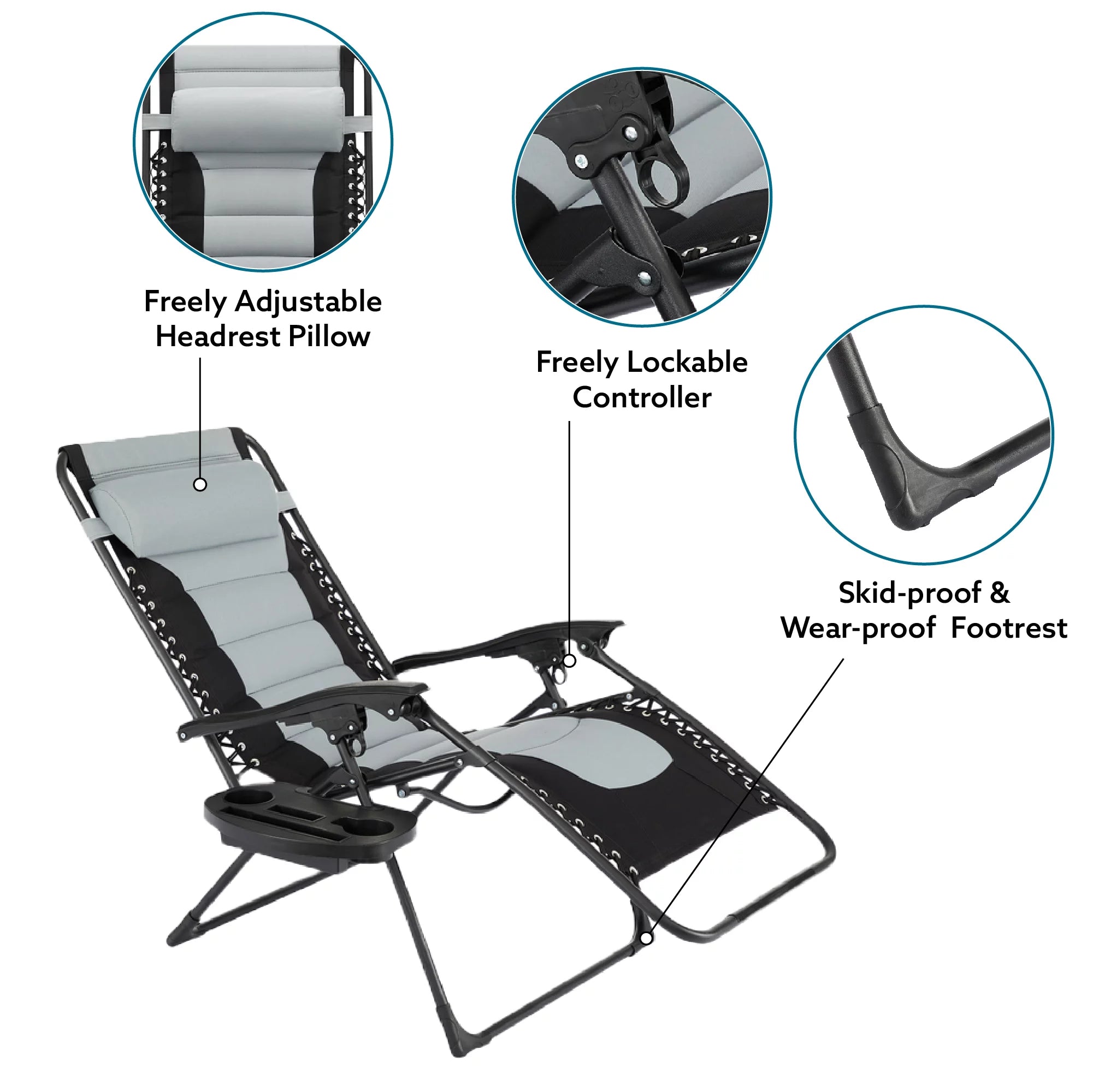 Oversized Padded Folding Lounge Chair for Outdoor Patio, Gray V21949