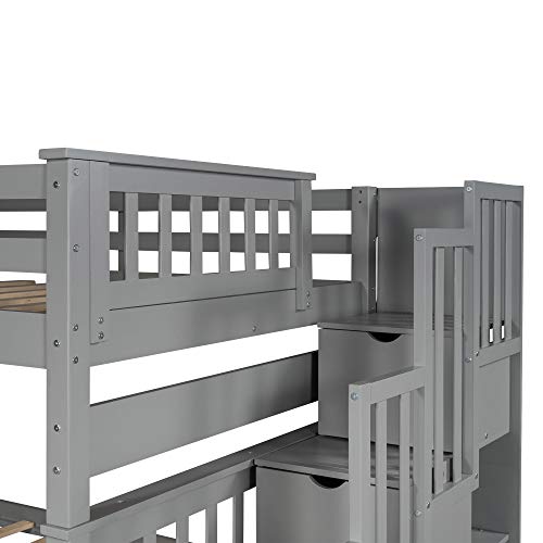 Twin Over Twin/Full Bunk Bed with Trundle and Drawers, Solid Wood Staircase, White C353971