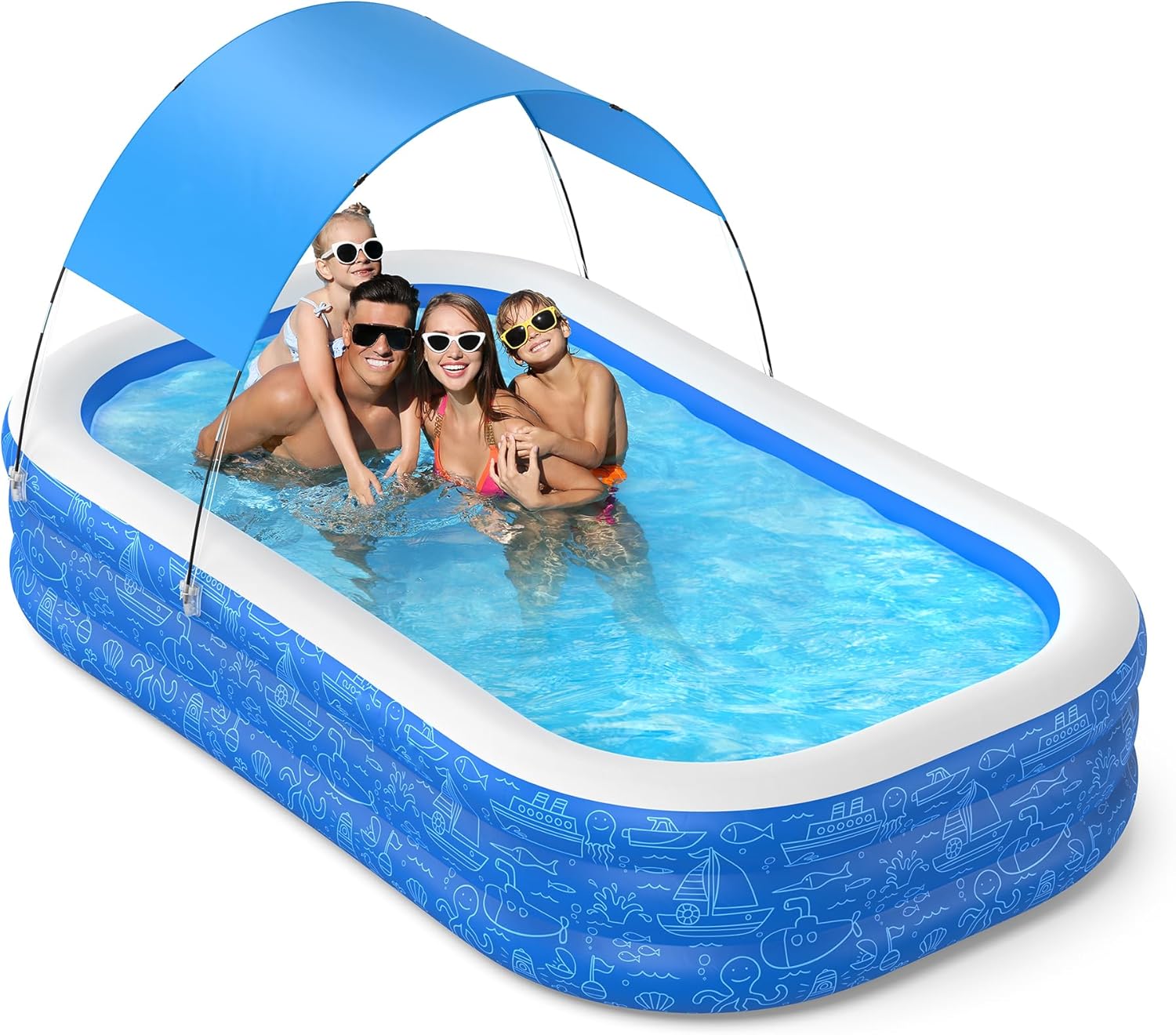 Inflatable Pool with Canopy, 2024 Large Inflatable Swimming Pool for Kids,Adult, Blow Up Pool with Shade, Durable Thickened 150” x 70” x 20” Inflatable Family Pool for Backyard,Outdoor, Age 3+, Blue