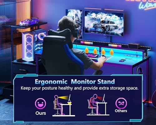 Gaming Desk with USB Charging Ports and LED Light T9380