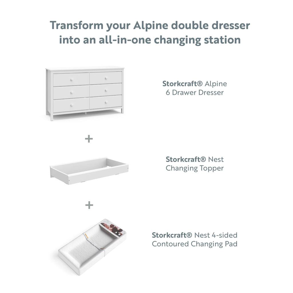 6 Drawer Kids Double Dresser, White U1816