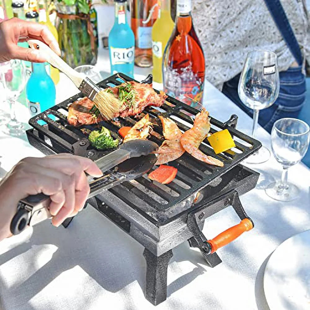 Small Cast Iron Charcoal Grill Stove with Gridiron, Tabletop BBQ Grill for Outdoor Cooking D599414