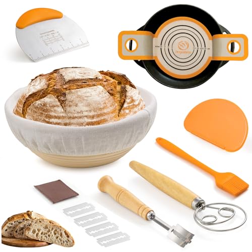 Sourdough bread baking supplies,Sourdough Starter Kit,10 inch Oval & 9 inch Round Banneton Bread Proofing Basket with Linen Liner, sourdough bread essentials tools,Round and Oval Silicone Bread Sling