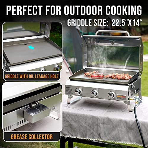 Portable Propane Gas Griddle 3-Burner with Foldable Cart and Side Table, Flat Top Grill Stove with Lid N3550