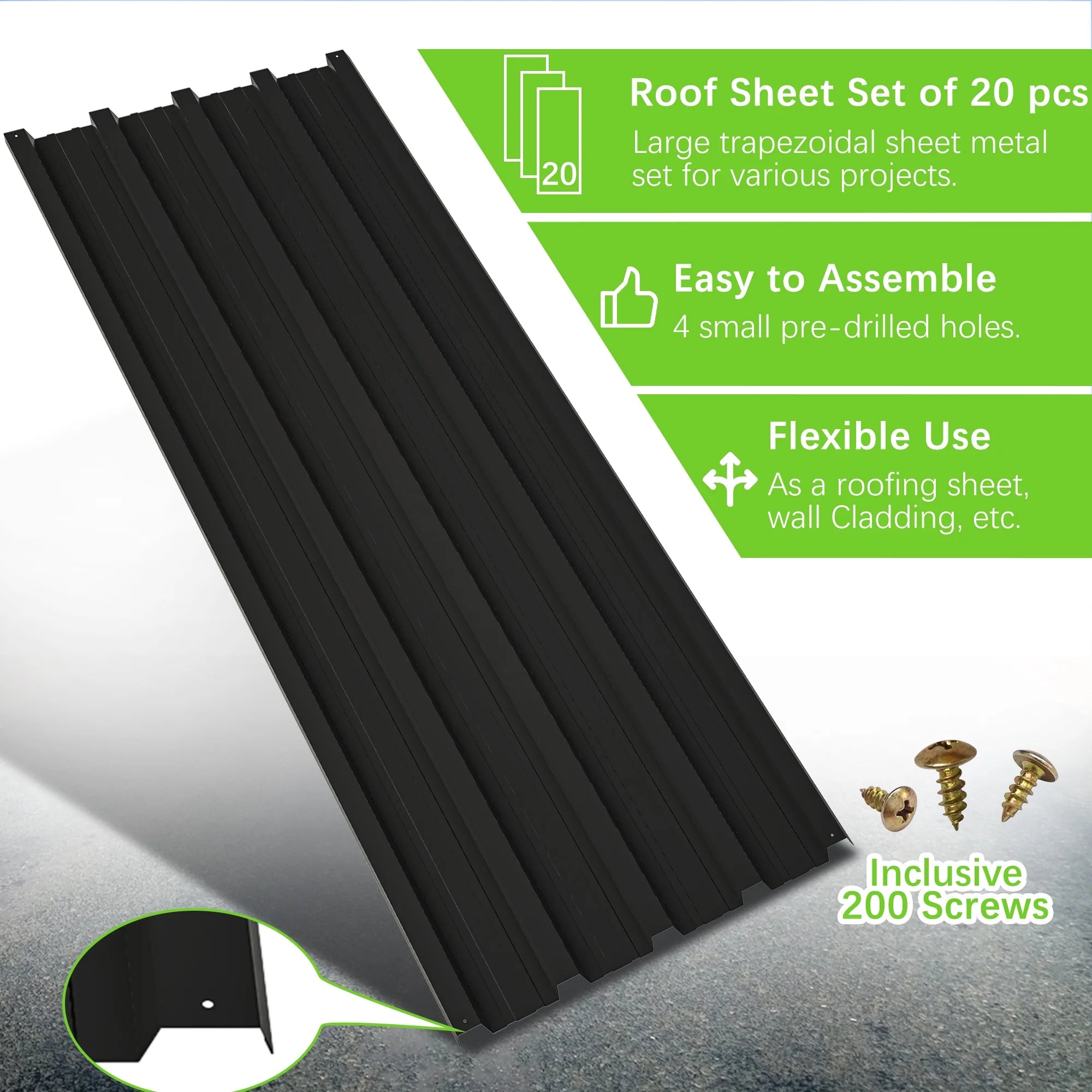 20 Pcs Galvanized Metal Roof Panels, Black Q341
